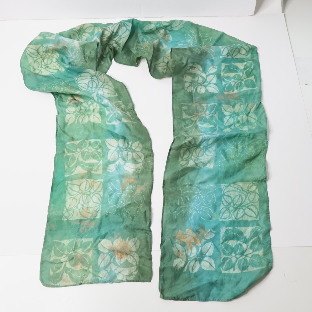 Green Hand Dyed Rectangle Scarf Floral Leaf Print Long Fairy Grunge Boho Hippie